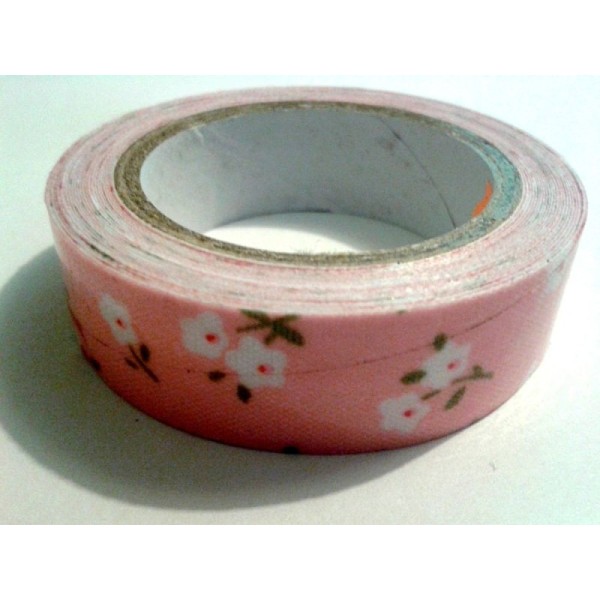 Rouleau de masking tape tissu , fond rose et fleur blanche / rose - Photo n°1