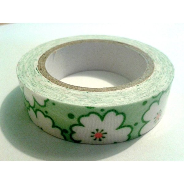 Rouleau de masking tape tissu , fond vert , grosse fleur blanche - Photo n°1