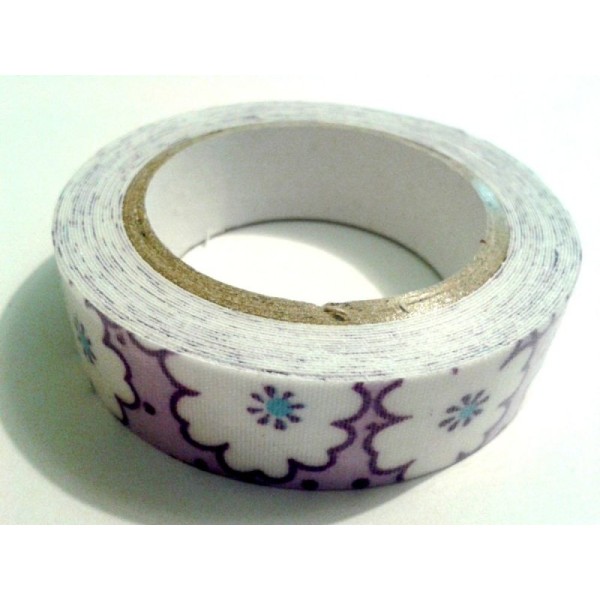 Rouleau de masking tape tissu , fond violet , grosse fleur blanche - Photo n°1