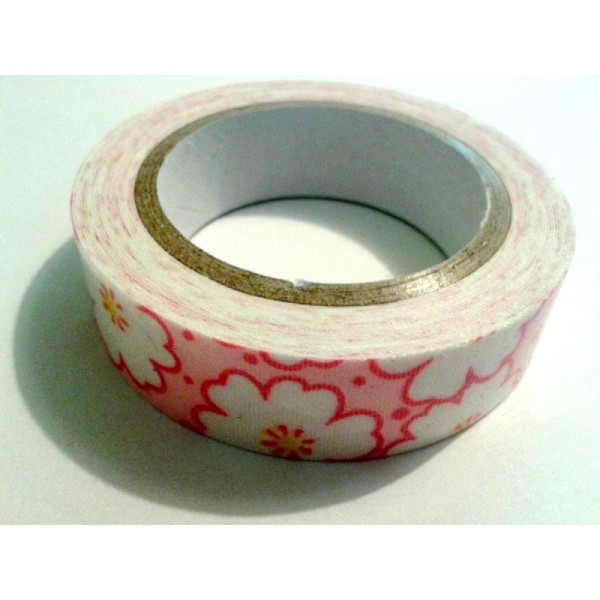 Rouleau de masking tape tissu , fond rose , grosse fleur blanche - Photo n°1