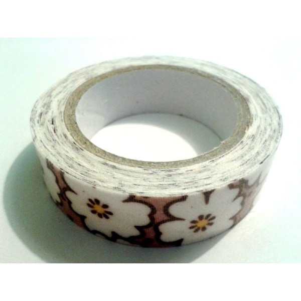 Rouleau de masking tape tissu , fond marron , grosse fleur blanche - Photo n°1