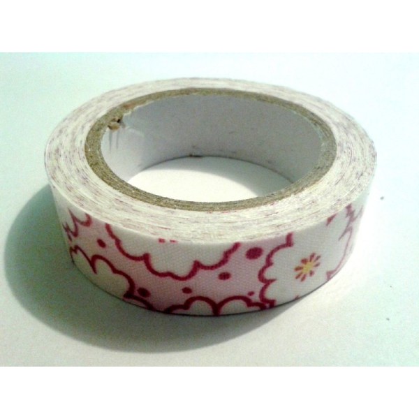 Rouleau de masking tape tissu , fond fushia , grosse fleur blanche - Photo n°1