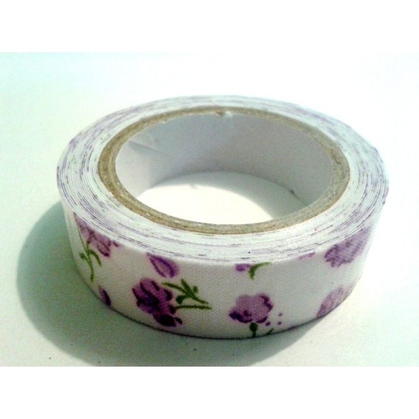 Rouleau de masking tape tissu , fond écru , fleur violette - Photo n°1
