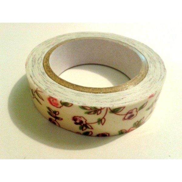 Rouleau de masking tape tissu , fond écru , fleur violet / rose - Photo n°1
