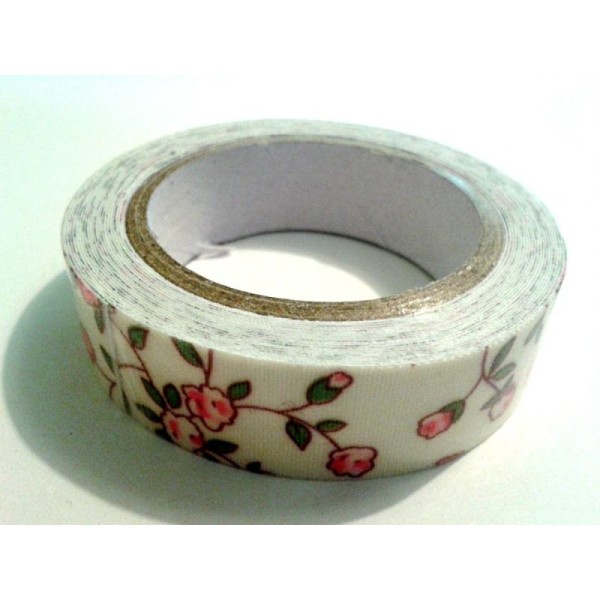 Rouleau de masking tape tissu , fond écru , fleur rose - Photo n°1