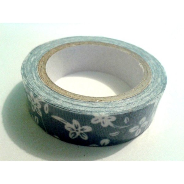 Rouleau de masking tape tissu , fond bleu jeans , fleur blanc - Photo n°1