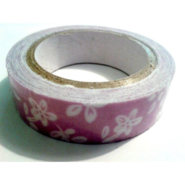 Rouleau de masking tape tissu , fond mauve , fleur blanc - Photo n°1