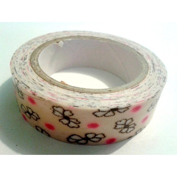 Rouleau de masking tape tissu , fond saumon , fleur blanche et pois - Photo n°1