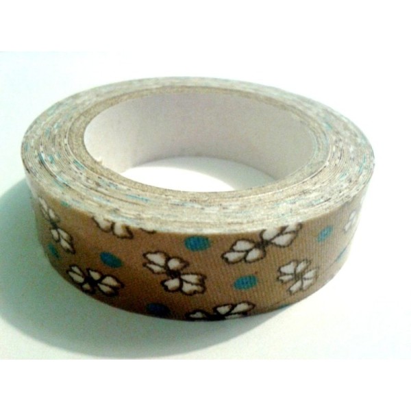 Rouleau de masking tape tissu , fond kaki , fleur blanche et pois - Photo n°1