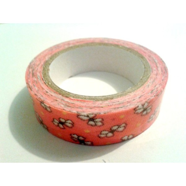 Rouleau de masking tape tissu , fond orange / saumon , fleur blanche et pois - Photo n°1