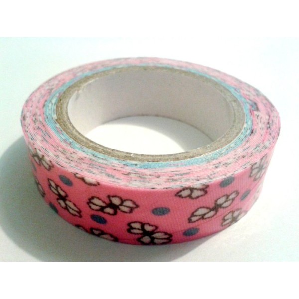 Rouleau de masking tape tissu , fond rose , fleur blanche et pois - Photo n°1