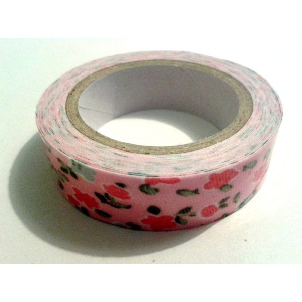 Rouleau de masking tape tissu , fond rose , fleur rose / vert d’eau - Photo n°1