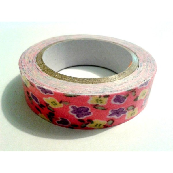 Rouleau de masking tape tissu , fond rose foncé , fleur mauve / jaune - Photo n°1