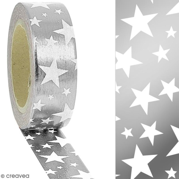 Masking tape Foil Etoiles blanches sur fond gris argenté - 1,5 cm x 10 m - Photo n°2