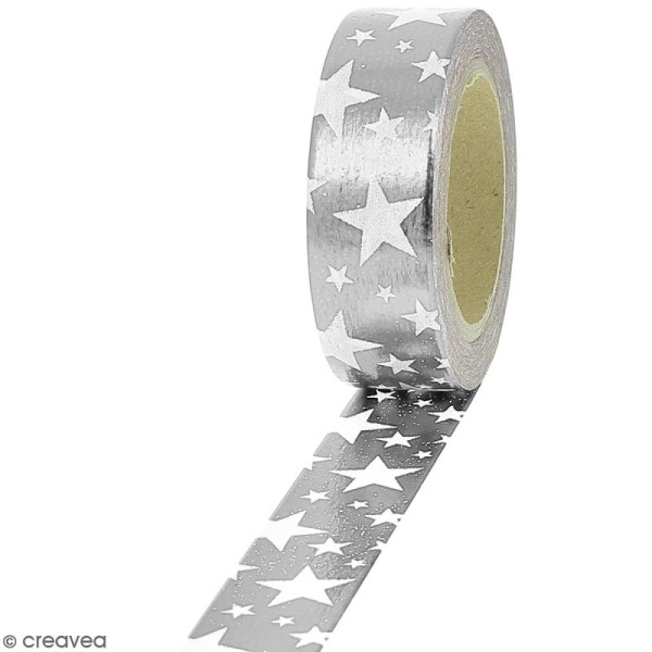 Masking tape Foil Etoiles blanches sur fond gris argenté - 1,5 cm x 10 m - Photo n°1