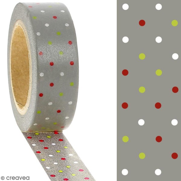 Masking tape Pois multicolores sur fond gris - 1,5 cm x 10 m - Photo n°2