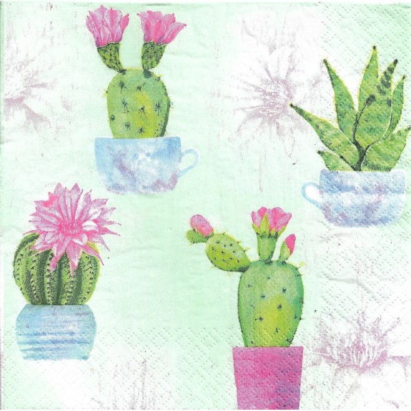 4 Serviettes en papier Cactus en Fleurs Format Lunch SDOG-023801 Daisy Decoupage Decopatch - Photo n°1