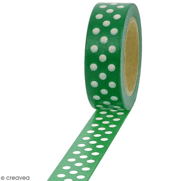 Masking tape Pois blancs sur fond vert - 1,5 cm x 10 m - Photo n°1