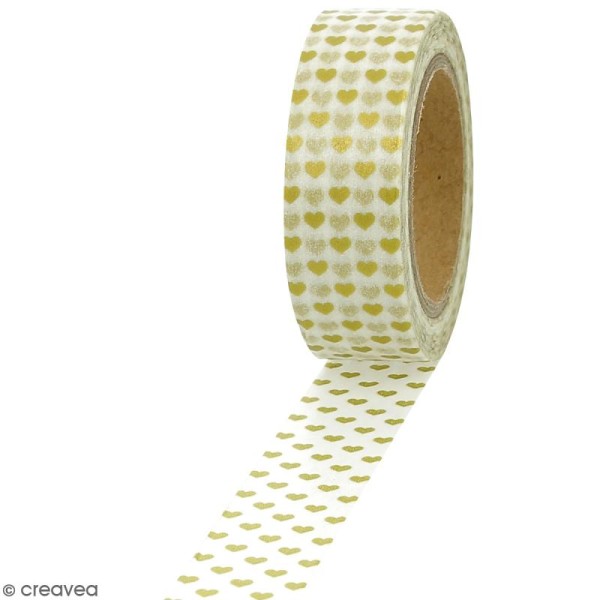 Masking tape Foil Petits coeurs dorés sur fond blanc - 1,5 cm x 10 m - Photo n°1