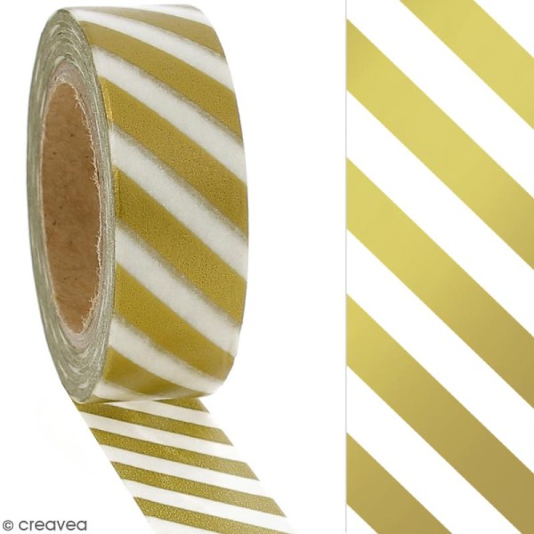 Masking tape Foil Lignes jaune doré sur fond blanc - 1,5 cm x 10 m - Photo n°2