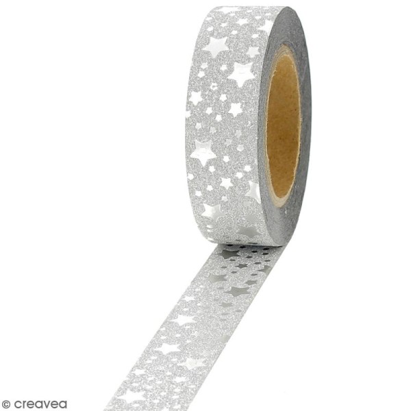 Masking tape Glitter Etoiles sur fond gris pailleté - Résistant - 1,5 cm x 10 m - Photo n°1