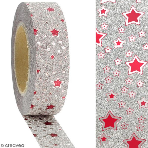 Masking tape Glitter Etoiles rouge sur fond pailleté - Résistant - 1,5 cm x 10 m - Photo n°2
