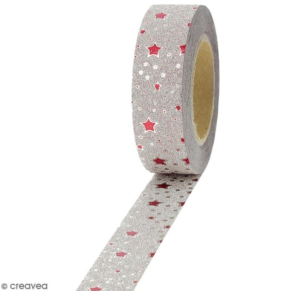 Masking tape Glitter Etoiles rouge sur fond pailleté - Résistant - 1,5 cm x 10 m - Photo n°1