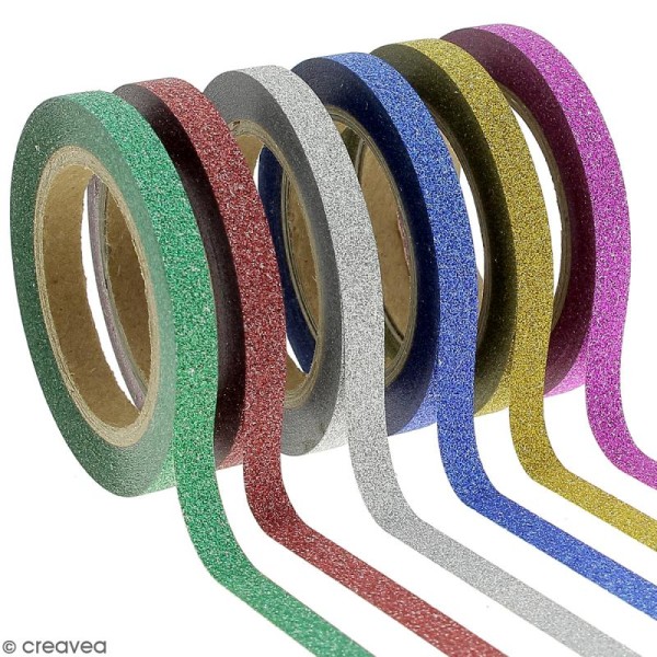 Assortiment Masking tape Glitter Slim - Couleurs vives - 0,5 cm x 10 m - 6 pcs - Photo n°1