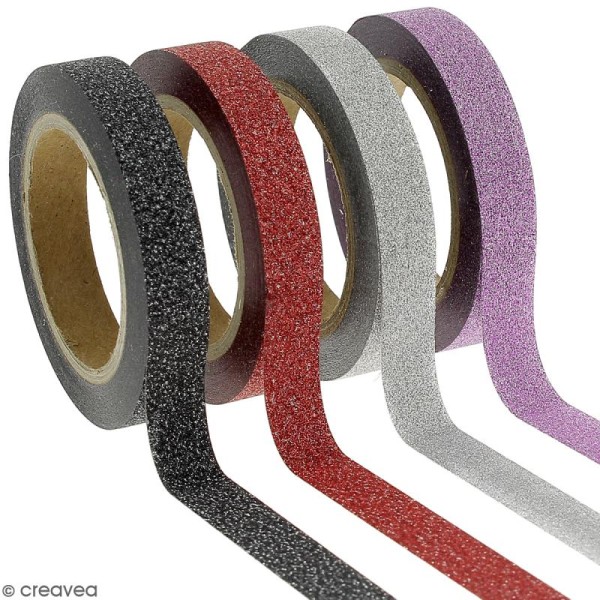 Assortiment Masking tape Glitter Slim - Gris violet rouge et noir - 0,8 cm x 10 m - 4 pcs - Photo n°1