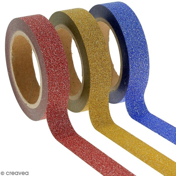 Assortiment Masking tape Glitter Jaune bleu rouge - 1 cm x 10 m - 3 pcs - Photo n°1