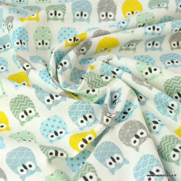 Tissu coton imprimé petits hiboux Menthe, Gris et Bleu - Photo n°2