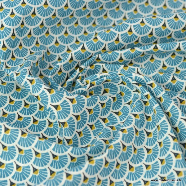 Tissu coton imprimé éventails écailles - Canard - Photo n°2