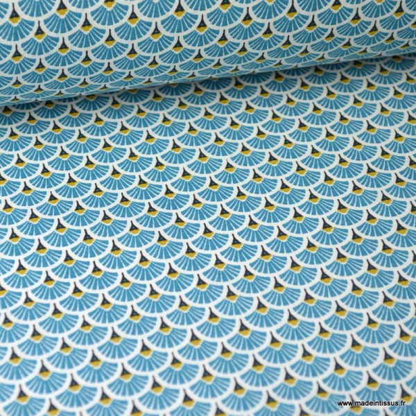 Tissu coton imprimé éventails écailles - Canard - Photo n°1