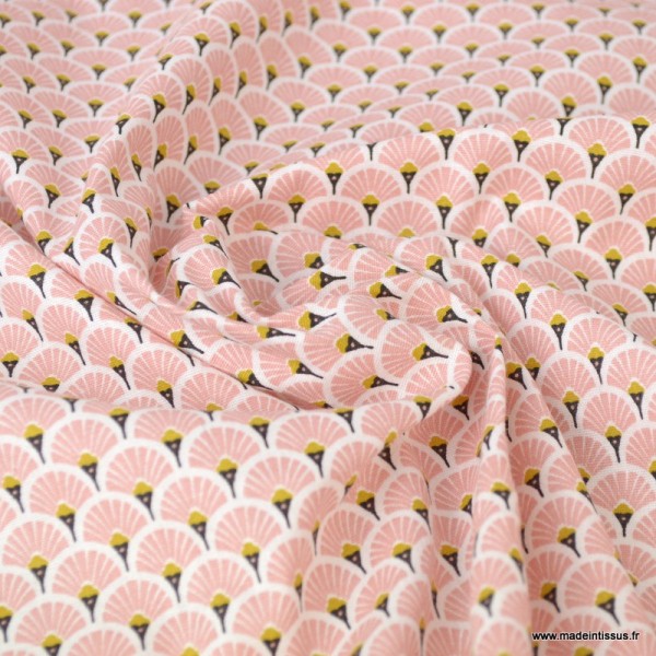 Tissu coton imprimé éventails écailles - Rose - Photo n°2