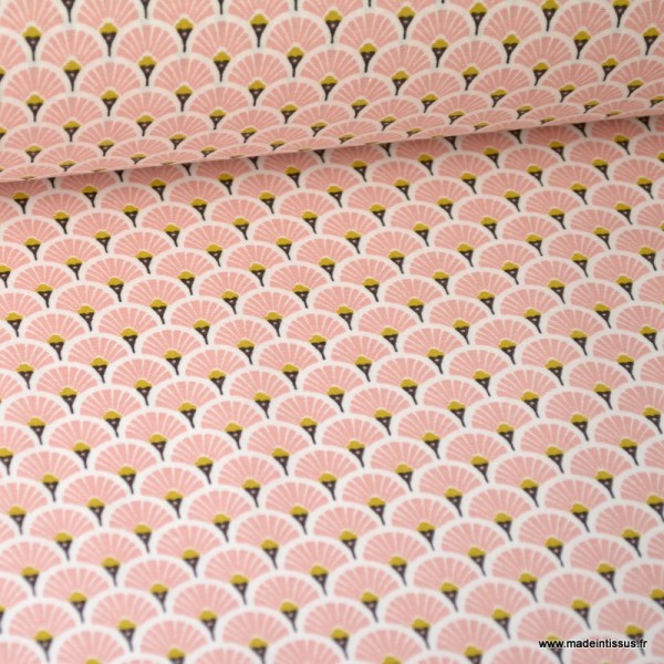 Tissu coton imprimé éventails écailles - Rose - Photo n°1