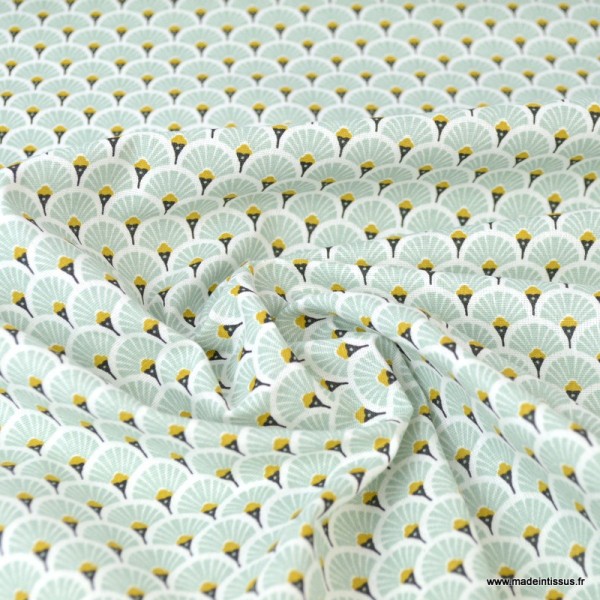 Tissu coton imprimé éventails écailles - Menthe - Photo n°2