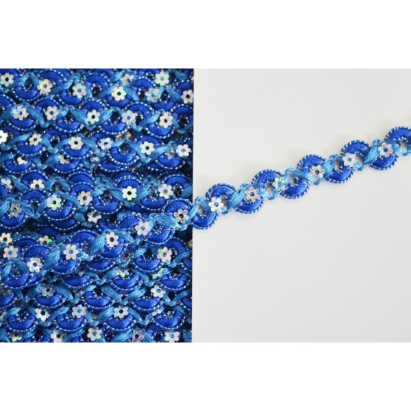 Galon tresse bleu, sequin petite fleur irisée 10mm - Photo n°1