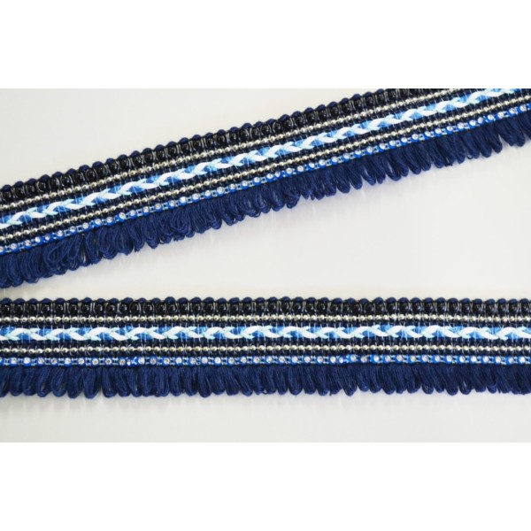Galon brodé petites franges ton bleu, perles et strass 35mm - Photo n°1