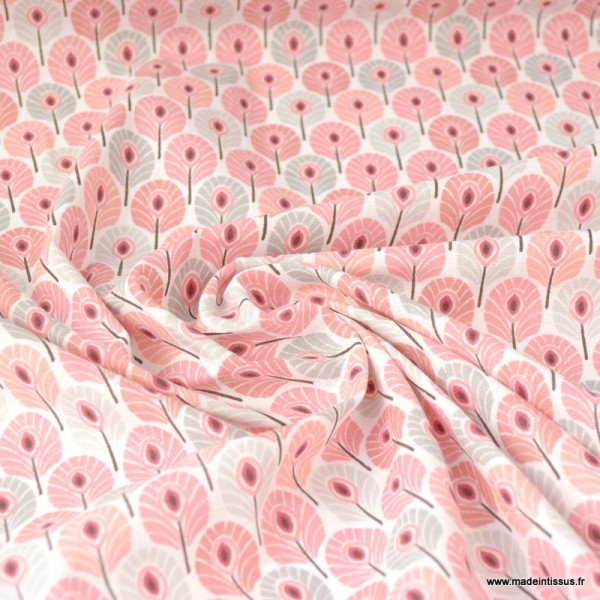 Tissu coton imprimé Mini plumes de Paon Rose et gris - Photo n°2