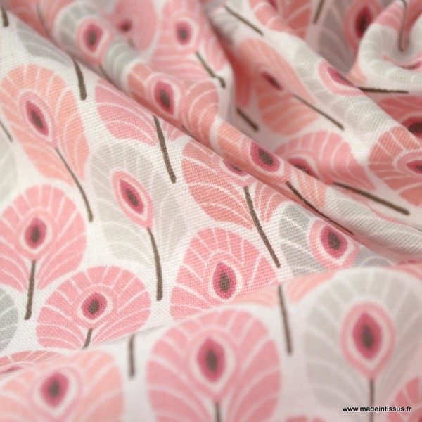 Tissu coton imprimé Mini plumes de Paon Rose et gris - Photo n°3