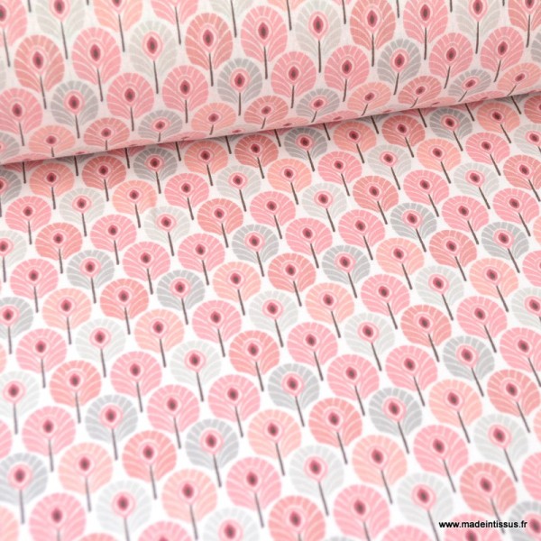 Tissu coton imprimé Mini plumes de Paon Rose et gris - Photo n°1