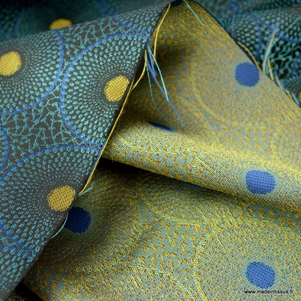 Tissu jacquard Habillement et ameublement motifs Wax Ronds Bleu et jaune - Photo n°4