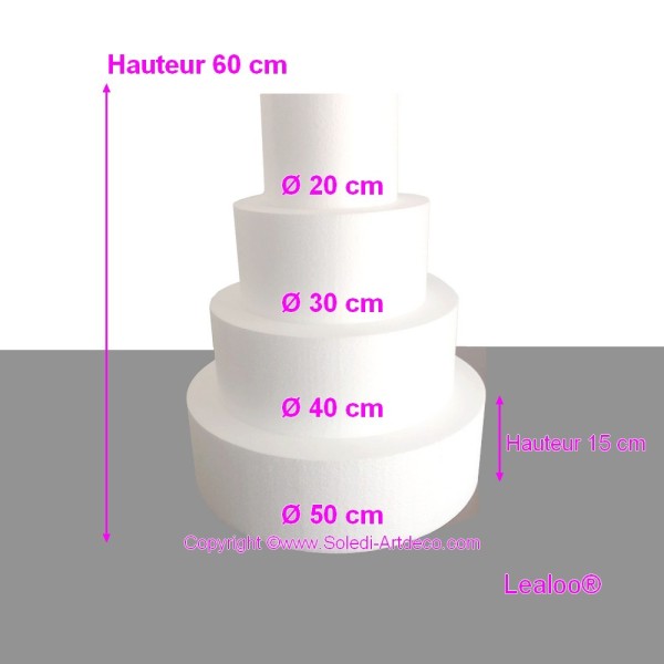 Pièce montée Wedding Cake Hauteur 60 cm, Base Ø 50cm à 20cm, 4 disques de 15cm de haut en Polystyrèn - Photo n°2