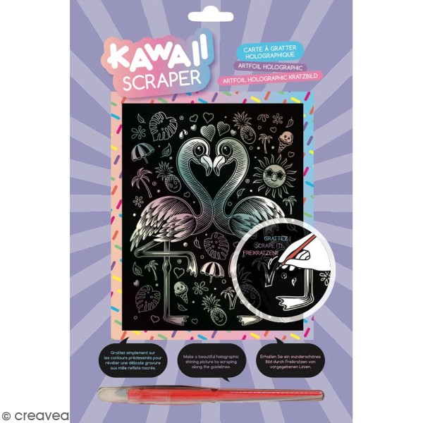 Carte à gratter Scraper Kawaii Holographique - Flamants tropicaux - 20 x 25 cm - Photo n°1