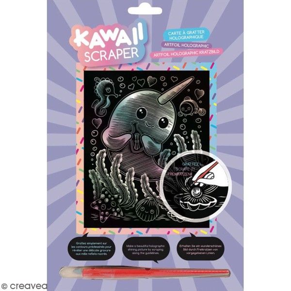 Carte à gratter Scraper Kawaii Holographique - Narval rieur - 20 x 25 cm - Photo n°1