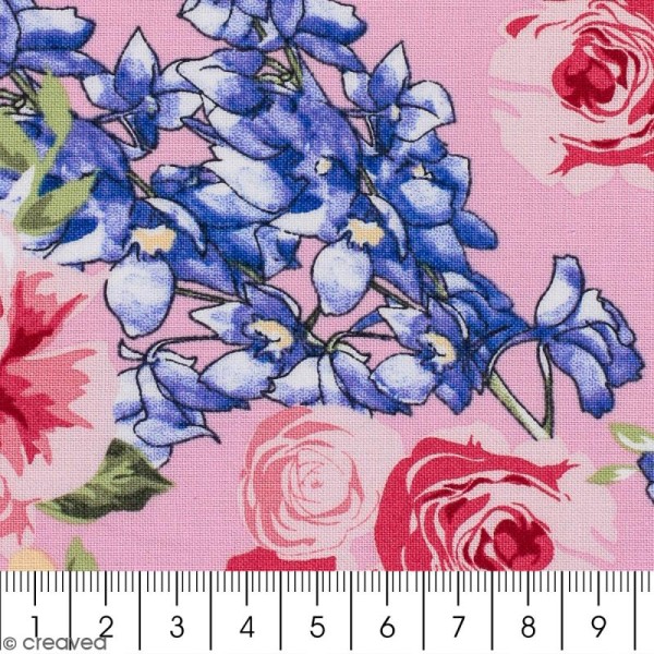 Tissu Portofino - Fleurs vintages - Fond Rose - Par 10 cm (sur mesure) - Photo n°2