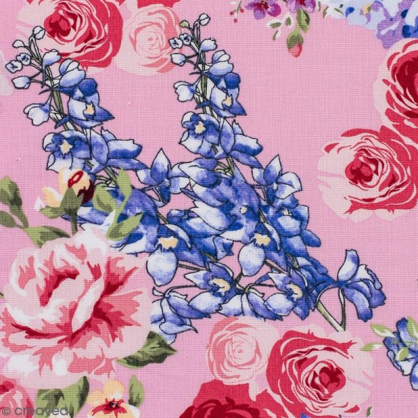 Tissu Portofino - Fleurs vintages - Fond Rose - Par 10 cm (sur mesure) - Photo n°1