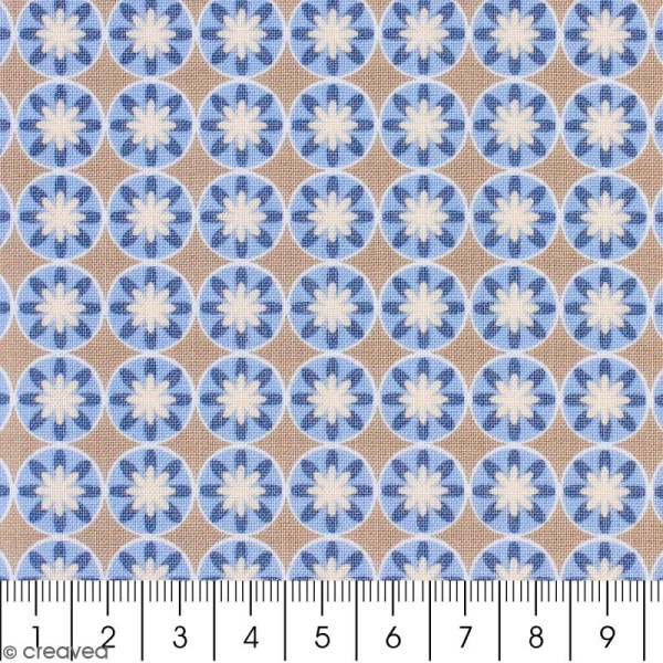 Tissu Portofino - Petites fleurs et ronds bleues - Fond Beige et bleu - Par 10 cm (sur mesure) - Photo n°2