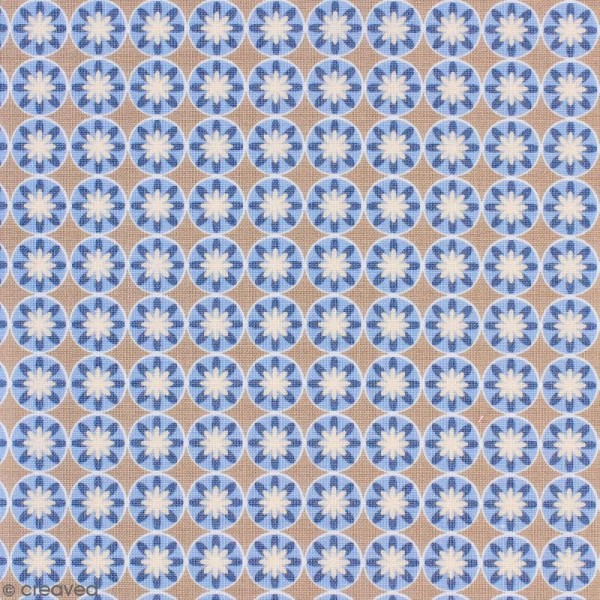 Tissu Portofino - Petites fleurs et ronds bleues - Fond Beige et bleu - Par 10 cm (sur mesure) - Photo n°1