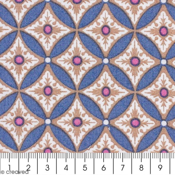 Tissu Portofino - Grandes fleurs géométriques marron - Fond bleu - Par 10 cm (sur mesure) - Photo n°2